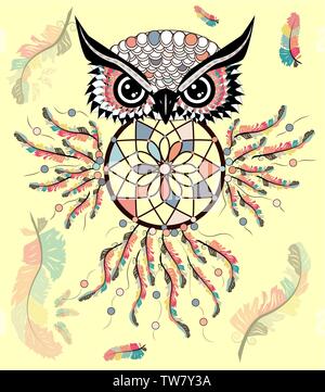 Disegnata a mano ornati di simboli spirituali, totemiche e mascotte Owl con il dream catcher e mandala. Stile Boho. Illustrazione Vettoriale