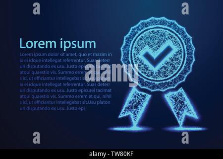 Bassa Poly Icona di qualità verificare, segno di spunta e medaglia,bassa astratta poli, Triangolo, punti, linee, poligoni. Shine sfondo blu, illustrazione vettoriale Illustrazione Vettoriale