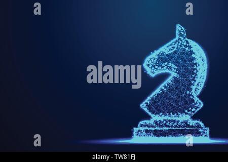 Il Cavaliere di scacchi poligono wireframe blu struttura di telaio, la strategia aziendale concept design. Abstract bassa poli, Triangolo, punti, linee, poligoni. Shine blue bac Illustrazione Vettoriale