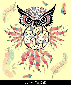 Disegnata a mano ornati di simboli spirituali, totemiche e mascotte Owl con il dream catcher e mandala. Stile Boho. Illustrazione Vettoriale