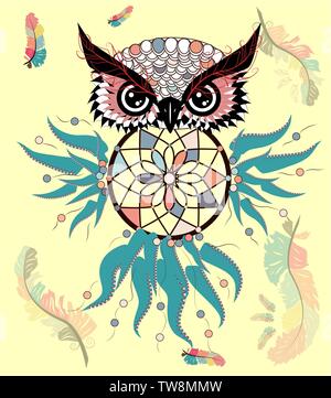 Disegnata a mano ornati di simboli spirituali, totemiche e mascotte Owl con il dream catcher e mandala. Stile Boho. Illustrazione Vettoriale