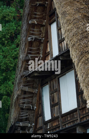 Storico Giapponese in stile Gassho casa rurale tetto di paglia di gronda dettagli architettonici. Villaggio Ainokura, Prefettura di Toyama, Giappone. Gasshō-zukuri 合掌造 Mi Foto Stock