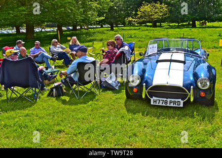 Exeter Classic Car Show.un gruppo di compagni gli appassionati di auto/ proprietari incontrarsi con loro AC Cobra auto sportive. La gente seduta nel gruppo esterno Foto Stock