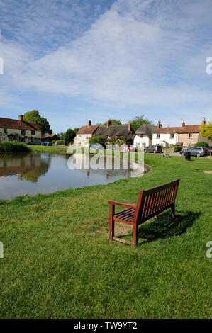 Visualizzare attraverso lo stagno in chiesa fine, Haddenham, Buckinghamshire. Anatre qui una volta fornita l'industria di base di Aylesbury duck allevamento. Foto Stock