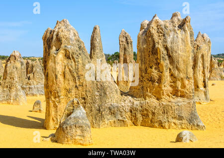 Colonne di pietra calcarea nel Deserto Pinnacles del Nambung National Park - Cervantes, WA, Australia Foto Stock
