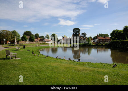 Visualizzare attraverso lo stagno in chiesa fine, Haddenham, Buckinghamshire. Anatre qui una volta fornita l'industria di base di Aylesbury duck allevamento. Foto Stock