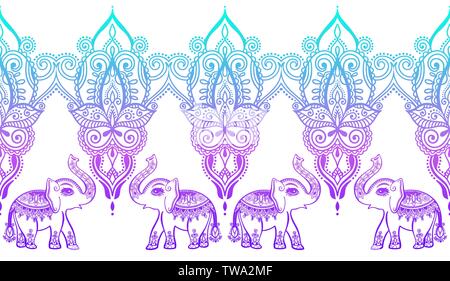 Indian motivo floreale con elefante, Henna Tattoo mehndi design Illustrazione Vettoriale