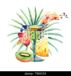 Acquerello composizione tropicale con summer cocktail su uno sfondo luminoso con frutti e foglie di palme e fiori Foto Stock