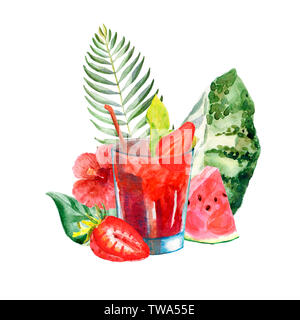 Acquerello composizione tropicale con summer cocktail su uno sfondo luminoso con frutti e foglie di palme e fiori Foto Stock