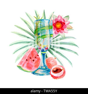 Acquerello composizione tropicale con summer cocktail su uno sfondo luminoso con frutti e foglie di palme e fiori Foto Stock