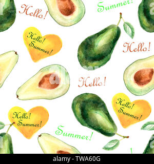 Acquarello tropicale modello senza cuciture con avocado e testo isolato su uno sfondo bianco Foto Stock