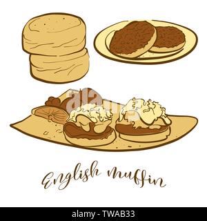 Schizzi colorati di muffin inglese il pane. Vettore di disegno di pane di lievito alimentare, usualmente noto nel Regno Unito. Pane colorato illustrazione serie. Illustrazione Vettoriale