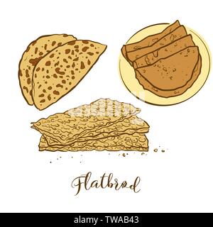 Schizzi di colore del pane Flatbrød. Vettore di disegno di pasta alimentare, usualmente noto in Norvegia. Pane colorato illustrazione serie. Illustrazione Vettoriale