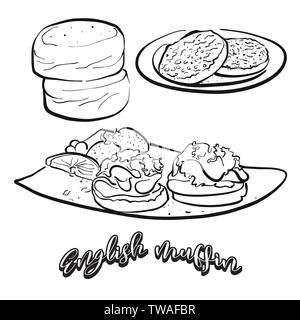 Muffin inglese cibo disegna sulla lavagna. Per il disegno vettoriale di lievito di pane, usualmente noto nel Regno Unito. Illustrazione alimentare serie. Illustrazione Vettoriale