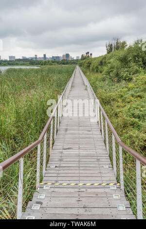 Lakeside costruzione spazio verde traliccio sotto le nuvole Foto Stock