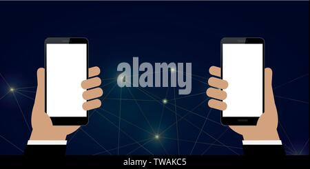 Due uomini di affari tenere lo smartphone in bianco con sfondo tecnologia illustrazione vettoriale EPS10 Illustrazione Vettoriale