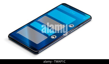 Vista isometrica mockup del telefono cellulare sul tavolo bianco con bianco o di interfaccia vuota di chat o messenger. Modello di nuvolette sullo schermo cellulare o telefono Illustrazione Vettoriale