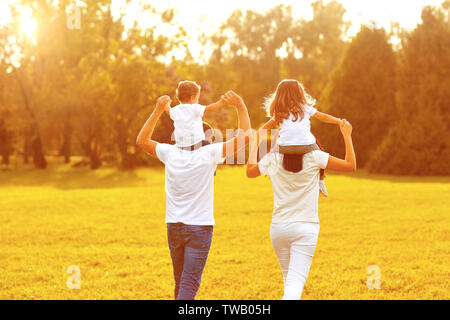 Vista da dietro. Una famiglia con bambini stanno camminando sul prato di un parco . Foto Stock