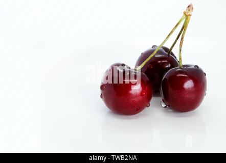 Composizione del mazzetto di ciliegie dolci su una piastra bianca closeup isolato su sfondo bianco con percorso di clipping. Ciliegie mature con peduncoli bugie. Foto Stock