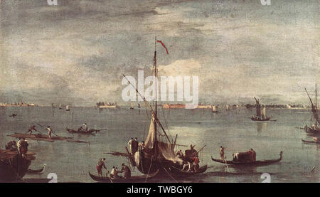 Francesco Guardi - Laguna con barche gondole zattere 1758 Foto Stock