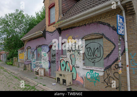 Doel, Belgio 10 giugno 2019, cottage completamente sotto i graffiti e le erbacce che crescono su strada Foto Stock