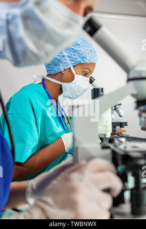 Asian Indian femmina o medico scienziato utilizzando un microscopio in un laboratorio di ricerca o di laboratorio con il suo collega Foto Stock