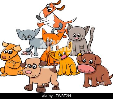 Cartoon illustrazione dei gattini e cuccioli animali domestici Animali gruppo di caratteri Illustrazione Vettoriale