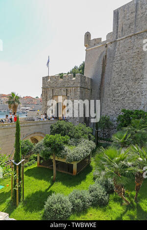 Cancello Ploce e fortezza Revelin sulle mura della città vecchia, Dubrovnik, Croazia Foto Stock