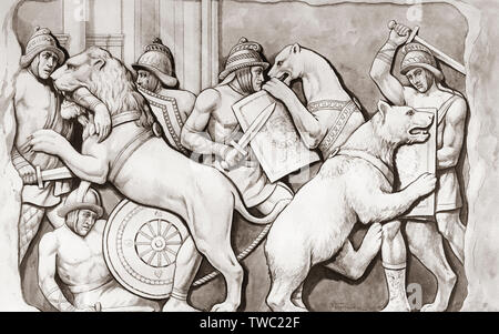 Roman gladiatori combattere animali selvaggi. Dopo un lavoro di J. Macfarlane. Da una stampa contemporanea c.1935. Foto Stock