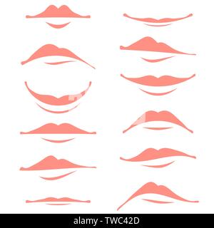 Cartoon sorriso isolato del logo su sfondo bianco. Set di Rosa bocca umana. Illustrazione Vettoriale