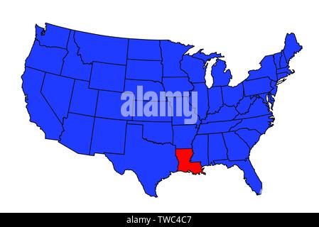 Stato della Luisiana mappa di contorno inset impostato in una mappa degli Stati Uniti d'America Illustrazione Vettoriale