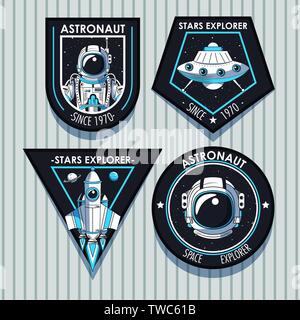 Set di Space explorer patch emblemi design Illustrazione Vettoriale