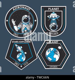 Set di Space explorer patch emblemi design Illustrazione Vettoriale