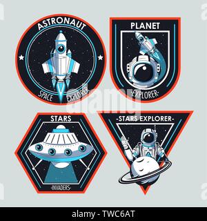 Set di Space explorer patch emblemi design Illustrazione Vettoriale