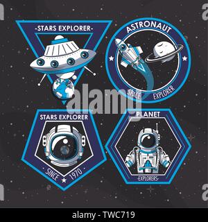 Set di Space explorer patch emblemi design Illustrazione Vettoriale
