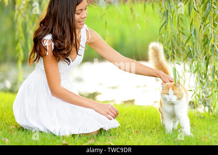 Donna petting cat in estate park. Felice carina ragazza che gioca con gli adorabili gatti nel parco della città durante la primavera o in estate. Bellissima gara di misto caucasico asiatici modello femminile sorridendo felice all'esterno. Foto Stock