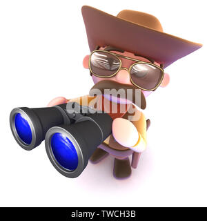 3D render di un simpatico cartoon cowboy guardando attraverso il binocolo Foto Stock
