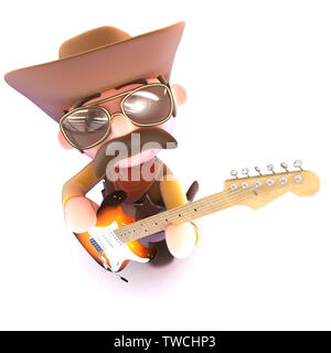 3D render di un simpatico cartoon cowboy suonando una chitarra elettrica Foto Stock