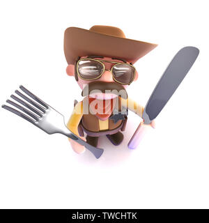 3D render di un simpatico cartoon cowboy sheriff tenendo un coltello e forchetta Foto Stock