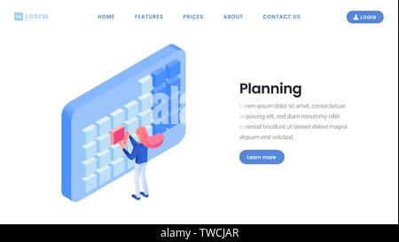 Rendendo calendario landing page modello isometrico. Tempo digitale sito web gestione layout di progettazione con lo spazio di testo, copyspace. Tempo personalizzato pianificazione assistenza nel profilo utente, account Illustrazione Vettoriale