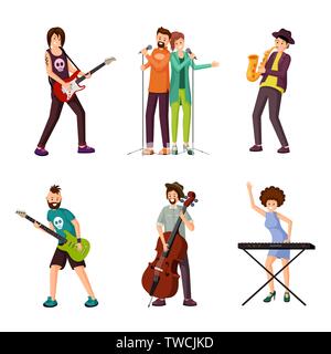Gli artisti di musica vettore piana il set di caratteri. Cartoon maschio, femmina musicisti di suonare chitarra e sassofono, violoncello, sintetizzatore. Carino duet cantanti, giovane, ragazzo, ragazza godendo le prestazioni di karaoke Illustrazione Vettoriale