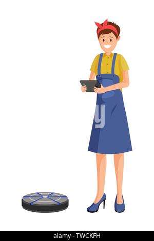 Robot aspirapolvere piatta illustrazione vettoriale. Home, domestiche automazione, robotica nella vita quotidiana, smart pulizia. Casalinga, governante, cameriera carattere utilizzando automatico, telecomando vuoto Illustrazione Vettoriale