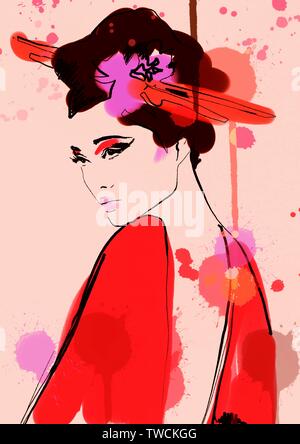 La Geisha. Pittura Aquarel donna. La moda dello sfondo. Abstract ritratto di donna. Schizzo di Moda. Illustrazione di Moda. Pittura ragazza asiatica. Con baguette. Foto Stock