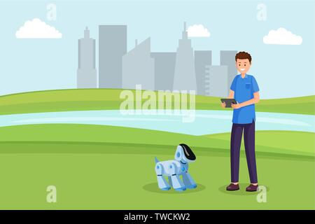 Robot Giocattolo del cane flat illustrazione vettoriale. Kid giocare con elettronica remota, cucciolo pet all'aperto personaggio dei fumetti. Bambini intrattenimento futuristico, amici robot, intelligenza artificiale nella vita quotidiana Illustrazione Vettoriale
