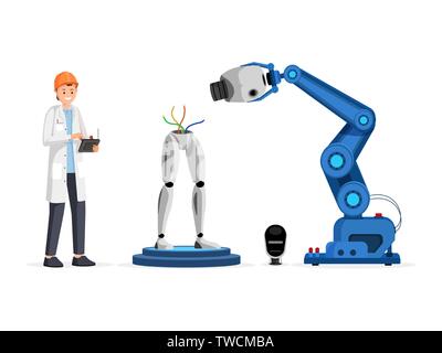 Droidi di ingegneria di processo piatta illustrazione vettoriale. Scienziato sorridente in hard hat holding periferica controller personaggio dei fumetti. Robot industriale assemblaggio braccio futuristico di fabbricazione di cyborg Illustrazione Vettoriale