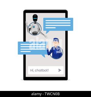 Kid chattare con chatbot piatta illustrazione vettoriale. Avatar utente e scatole di parlato sulla schermata dello smartphone. Conversazione con intelligenza artificiale, adolescente e robot intelligente dialogo, comunicazione online Illustrazione Vettoriale