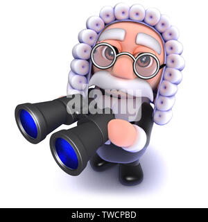 3D render di un simpatico cartoon giudicare tenendo un paio di binocoli Foto Stock