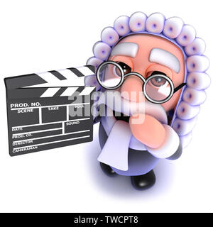 3D render di un simpatico cartoon carattere giudice tenendo un movie maker clapperboard Foto Stock