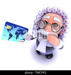 3D render di un simpatico cartoon carattere giudice in possesso di una carta di credito Foto Stock