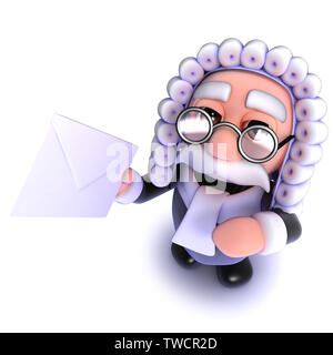 3D render di un simpatico cartoon carattere giudice tenendo un messaggio envelope Foto Stock